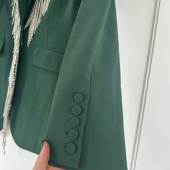 Cinq à Sept Cheyenne Blazer Jacket Rhinestone Fringe Dark Emerald Womens Sz 4 - Picture 5 of 13